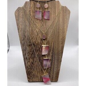 Pink Fuschia 4 Strand Agate Slices Necklace And Earrings Gold Plated Statement